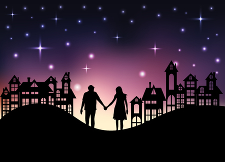 Lovers on the background of night cityのイラスト素材