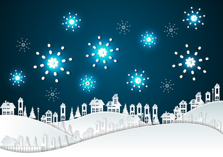paper art Winter Snow Urban Countryside Landscape with fireworksのイラスト素材