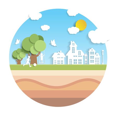 Paper art carve to Children at the playground on tree branch in park, origami concept nature ideaのイラスト素材