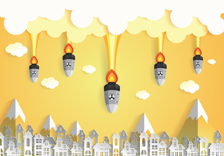 Nuclear war - atom bombs falling on the city,paper art styleのイラスト素材