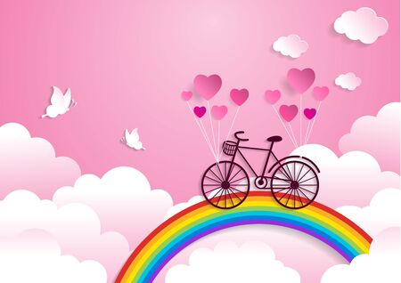 Bicycle riding on a rainbow with valentine's day.paper at style.のイラスト素材