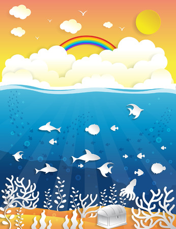 Marine Life Landscape - the ocean and animals underwater world,paper artのイラスト素材