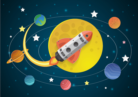 Start up concept. rocket flying on the moon,paper cutのイラスト素材