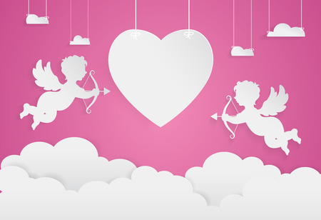 happy valentine day,heart shape and cupid on sky, Paper art style.のイラスト素材