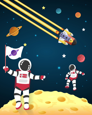 Astronaut cartoon on the moon with a spaceship in space,paper artのイラスト素材