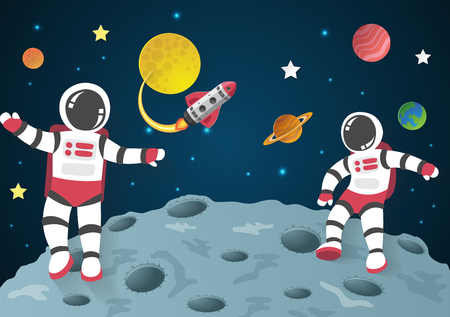 Astronaut cartoon on the moon with a spaceship in space,paper artのイラスト素材
