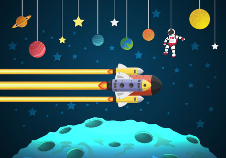 Start up concept. rocket flying on the moon,paper artのイラスト素材