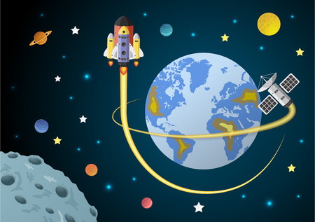 satellite and spaceship cartoon on earth with space,paper artのイラスト素材