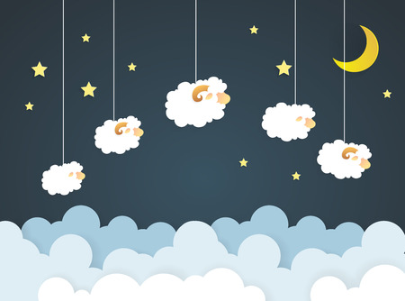 Counting sheep. Cartoon character happy jumping sheep. Sweet dreams.paper artのイラスト素材