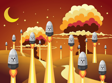 Nuclear war - atom bombs falling,paper art styleのイラスト素材