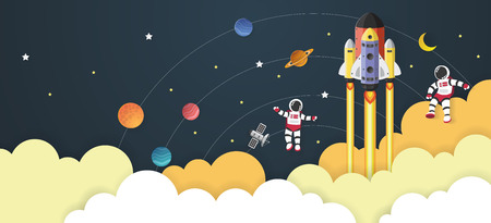 Astronaut cartoon with a spaceship in space,paper cutのイラスト素材
