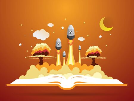 War concept,paper mushroom growing from an open bookのイラスト素材