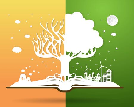 Ecology concept,paper tree growing from an open bookのイラスト素材