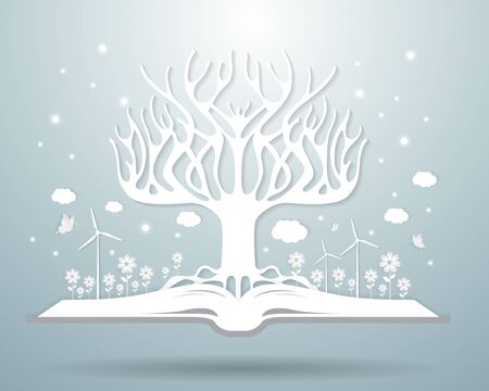 Ecology winter concept,paper tree growing from an open bookのイラスト素材