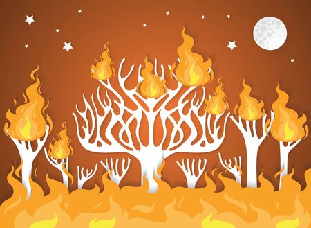 burning forest trees in fire flames - natural disaster concept,paper art.のイラスト素材