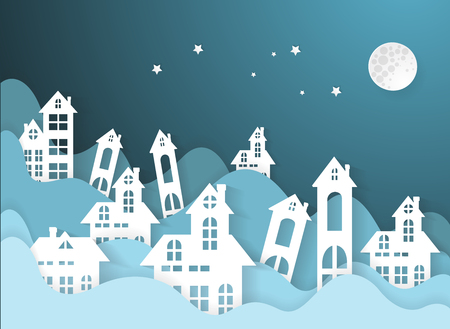 Flooded City with Partially Submerged Houses,paper art styleのイラスト素材