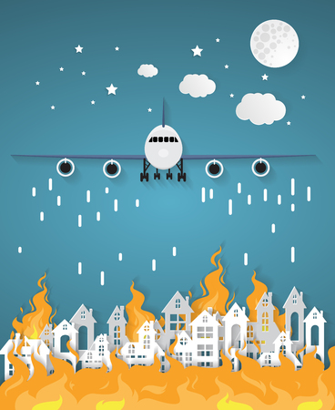 rescue plane put out the fire in city landscape damage,paper artのイラスト素材
