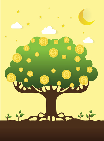 vector illustration of a money tree with coins on nighttime backgroundのイラスト素材
