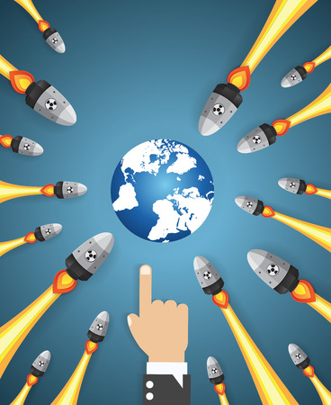 hand pushing Nuclear war - atom bombs falling on Earth,paper art styleのイラスト素材