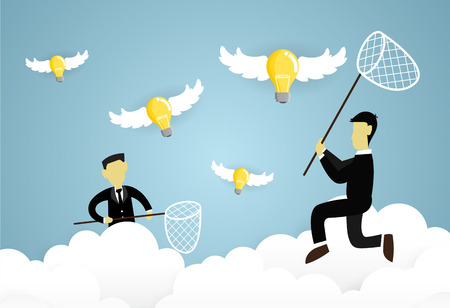 working people with flying lamp ideas.workers trying to catch light bulb.vector illustration for business design.のイラスト素材