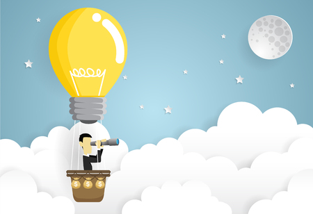 business man flying in the sky on hot air balloon Looking through spyglass. Idea concept. paper art style vector illustration.のイラスト素材