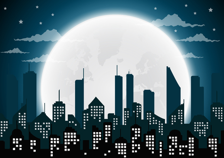 Silhouette of the city and night with  full moon at the sky.vectorのイラスト素材