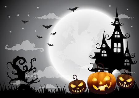Halloween night background with pumpkin, haunted house and full moon.Vector illustration.のイラスト素材
