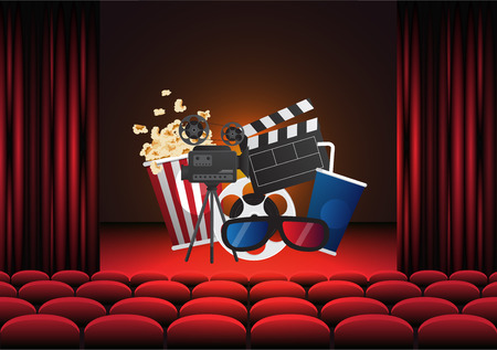 Movie cinema poster design. Vector template banner for show with seats, popcorn, ticketsのイラスト素材