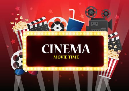 Movie cinema poster design. Vector template banner for show with seats, popcorn, ticketsのイラスト素材