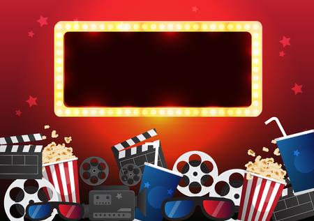 Movie cinema poster design. Vector template banner for show with seats, popcorn, ticketsのイラスト素材