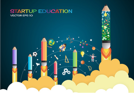 Start up concept. pencils rocket flying education concept,vectorのイラスト素材