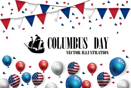 Vector illustration text Columbus Day with boat and American flag balloons design background.のイラスト素材