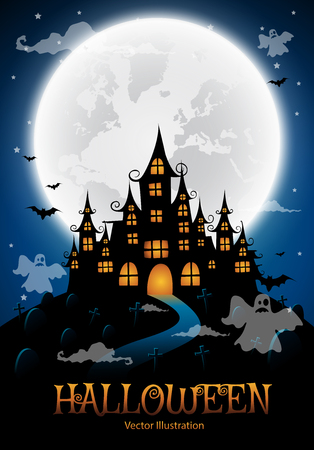 haunted house and full moon with ghost,Halloween night background.Vector illustration.のイラスト素材