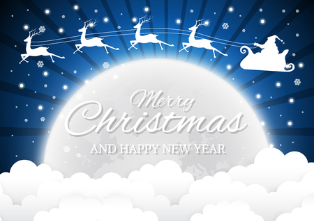 Nighttime sky with Santa Claus and full moon,clouds background,paper artのイラスト素材
