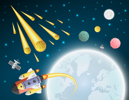 satellite and spaceship cartoon on the moon with space,paper artのイラスト素材