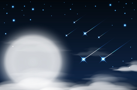 Nighttime sky background with full moon, clouds and stars. Moonlight nigh vector.のイラスト素材