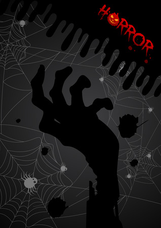 greeting card for hands Zombie horror night spiders web background.Vector illustration.のイラスト素材