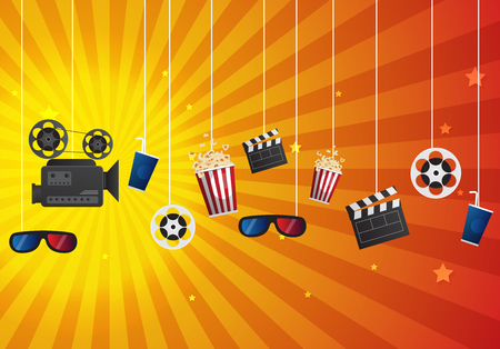 Movie cinema poster design. Vector template banner for show with seats, popcorn, tickets.のイラスト素材