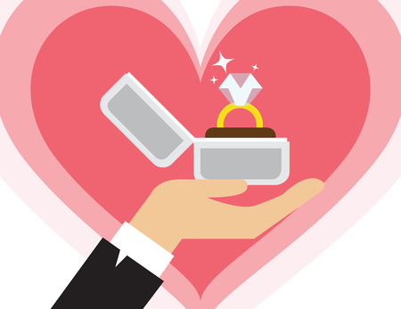 Proposal marriage, vector illustration flat design. Man is holding in hand an open box with a wedding ring and diamond.のイラスト素材