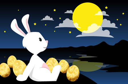 Rabbit looking at the moon In the night sky and stars. vectorのイラスト素材