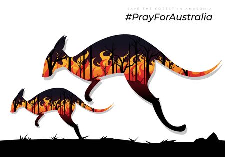 Pray for Australia.scared kangaroo with a baby kangaroo trying to escape from the burning forest firesのイラスト素材