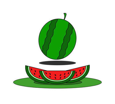 a whole ripe red watermelon, green stem, sliced ââwatermelon with red flesh served on a plate. Watermelon pattern of natural sweet food. Eat delicious tropical fruitのイラスト素材