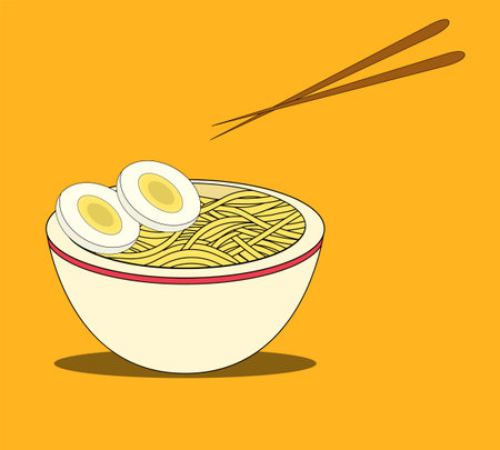 vector illustration of yellow noodle soup in a bowl. eating noodles with chopsticks.のイラスト素材