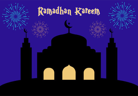 ramadan kareem month concept with mosque on hill and festive firecrackers at night. vectors, illustrations and backgrounds.のイラスト素材