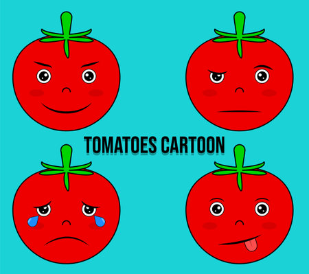 cute tomato cartoon in various expressions. tomato emoticon. crying tomatoes. vector illustration.のイラスト素材