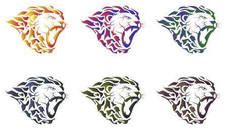 Set of colorful fire lion head logos. the lion opened his mouth.のイラスト素材