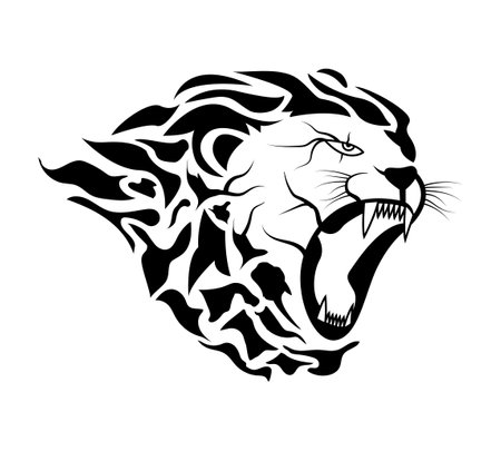 Fire lion head silhouette logo. The lion opened his mouth.のイラスト素材