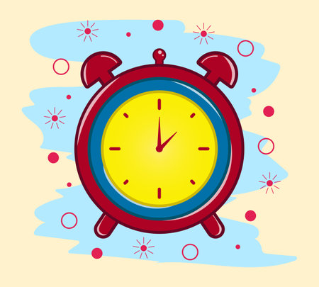 cute cartoon alarm clock icon with paint splashes on isolated background.のイラスト素材