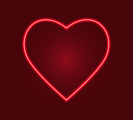 Red neon heart, heart shape symbol lights up with background.のイラスト素材