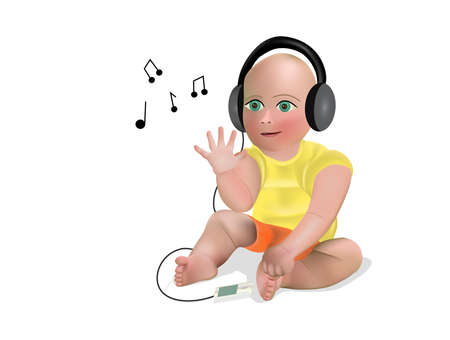 Vector illustration of infant listening music using headphonesのイラスト素材